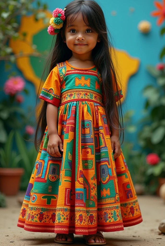 A fancy dress outfit that represents the old popular games of Brazil. Made with folk toys Worn by a female child with indigenous features and long dark hair