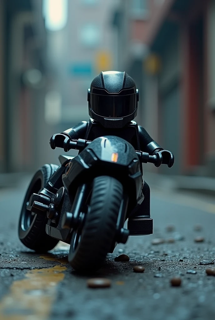 Lego figure with full helmet on a motorcycle fallen on its left side
