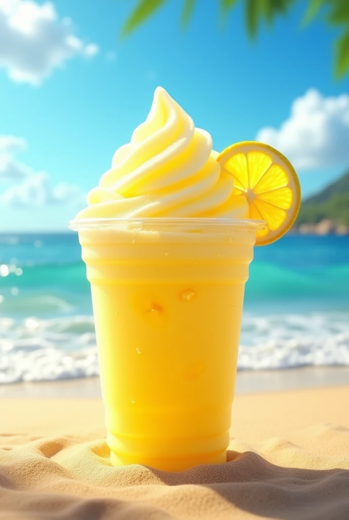 a lemon-flavored shaved ice, on the beach on a sunny day