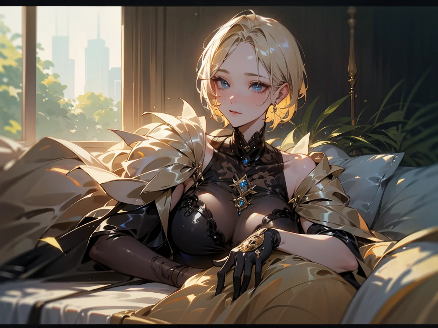 (beautiful detailed eyes, beautiful detailed lips, extremely detailed eyes and face, long eyelashes), 1girl (1.0),solo, sitting on bed (1.0), blonde hair (1.0), short hair (1.0), metal gloves (1.0), black top (0.9), beige skirt (0.9), indoor (1.0), large window (1.0), sunlight (1.0), soft lighting (0.8), melancholic atmosphere (0.8), realistic style (0.9), peaceful (0.8), (8k, RAW photo, best quality, masterpiece:1.2), (realistic, photo-realistic:1.37), professional lighting, photon mapping, radiosity, soft lighting, intricate details, natural environment, lush greenery, warm summer day, serene atmosphere