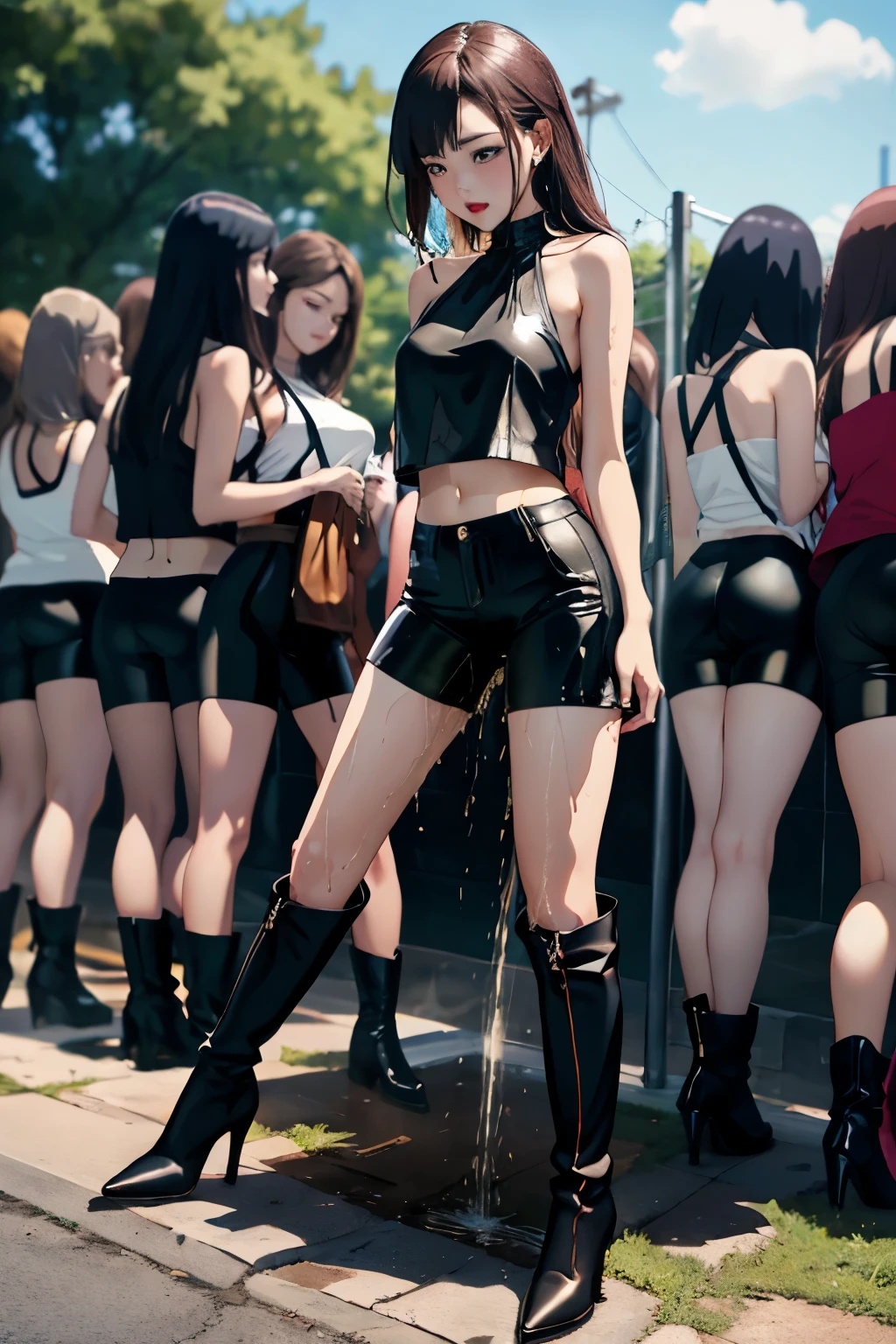 anime, best quality, high quality, highres, beautiful women, high detail, good lighting, lewd, hentai, (((bike shorts))), (leather halter top), (bare midriff), (cameltoe), (((leather thigh high heel boots))), (wet shorts), (((wetting herself))), (((peeing herself))), (((peeing self))), (pee streaming down legs), peeing stain, (puddle), (thick thighs), nice long legs, lipstick, detailed face, pretty face, humiliated, embarrassed, ((outdoors waiting for bathroom with line of women in queue))