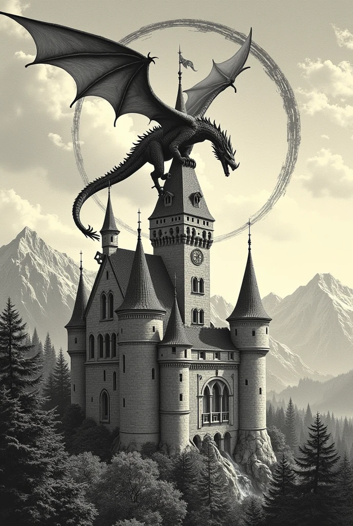 Create a castle ex libris with a dragon flying above