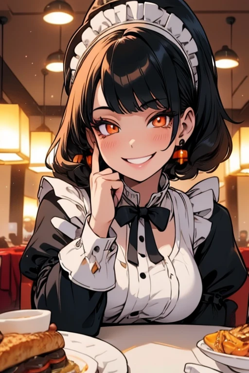 Perfect face Perfect hands. A black haired woman with orange eyes in a Lolita maid uniform is setting a table in a fancy maid cafe with a big smile