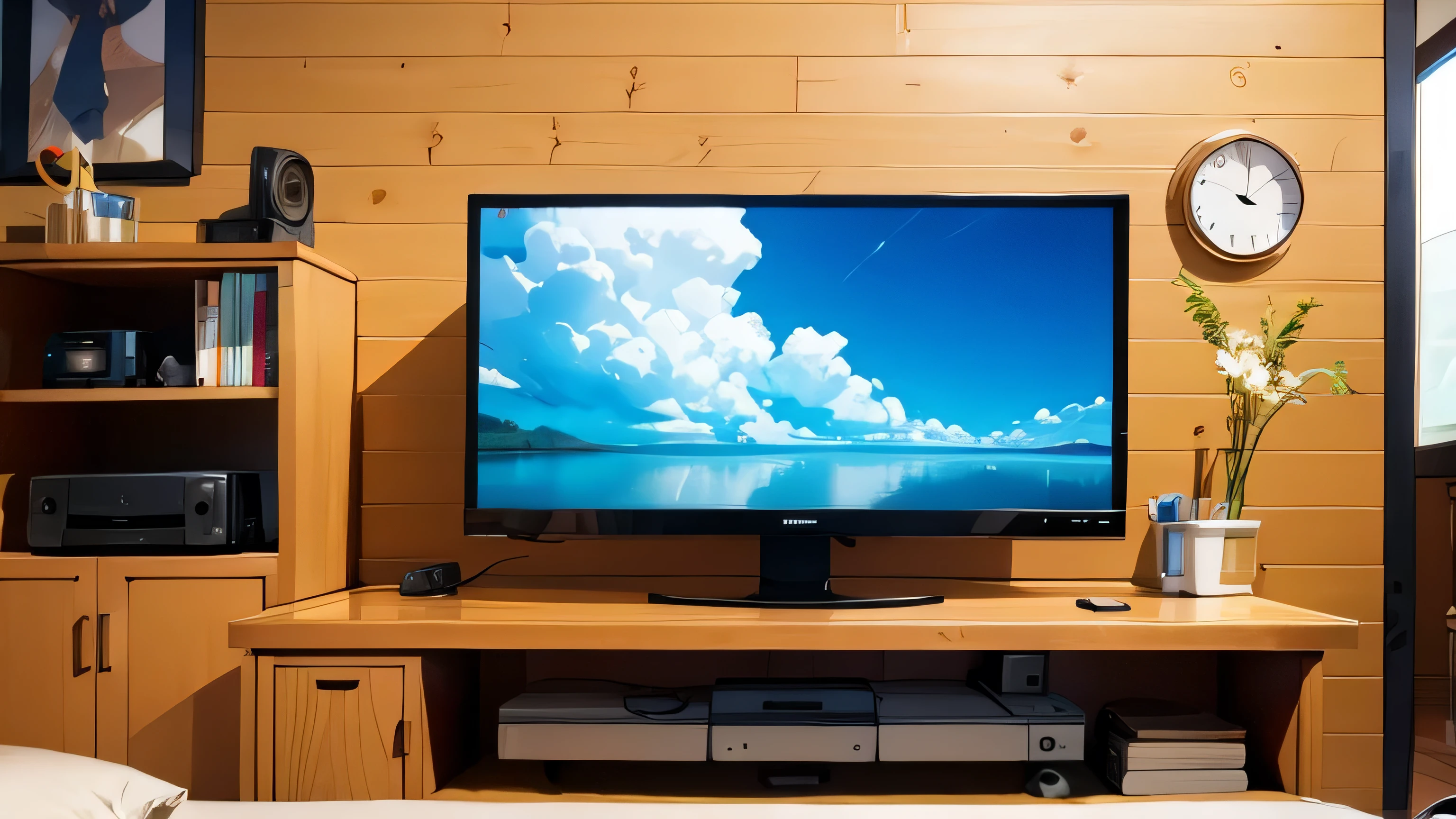 Large monitor、The back wall is wood grain
