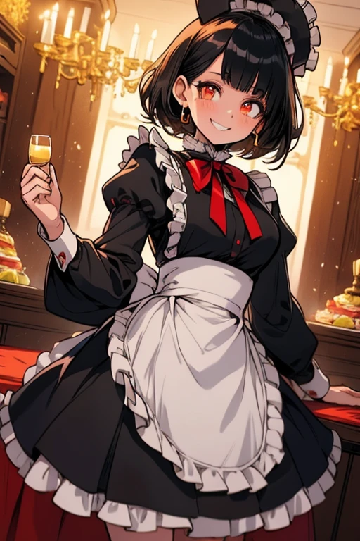 Perfect face Perfect hands. A black haired woman with orange eyes in a ta maid uniform is setting a table in a fancy maid cafe with a big smile