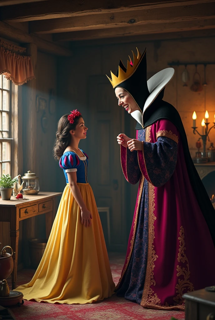 Snow White and the Evil Queen enjoying themselves in the Seven Dwarfs' Cottage Snow White with a worried face and the Queen laughing evilly