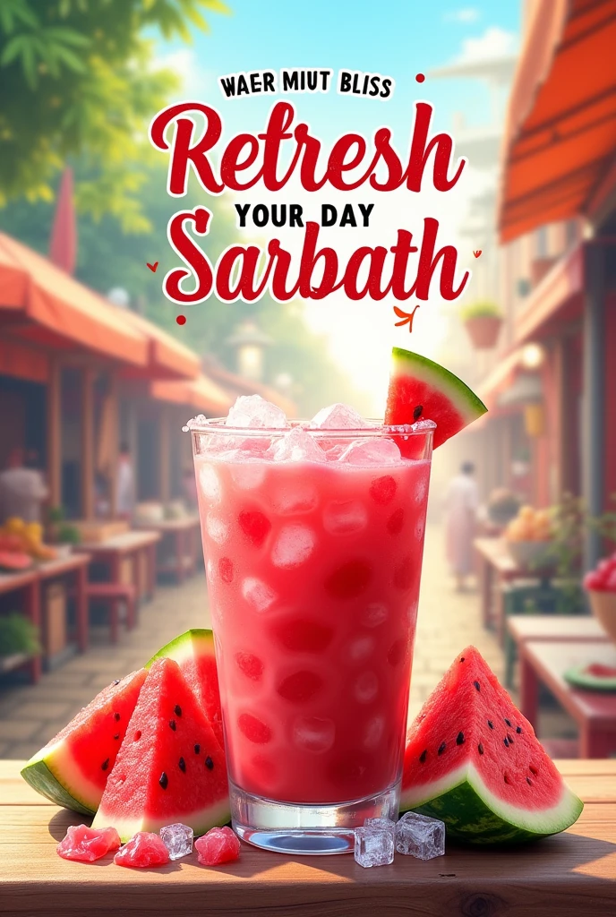  promotion poster of selling watermelon sarbath with milk and ice  by a  quote "Refresh Your Day with Watermelon Bliss!"