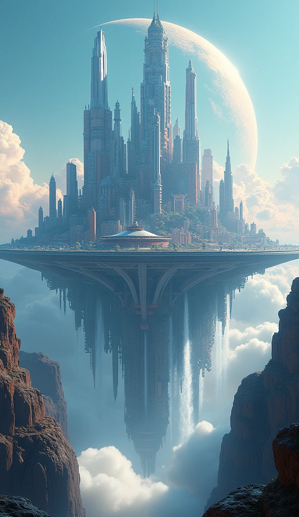 futuristic cities、floating in the universe、cyber punk、skyscrapers、A space station、Maximum quality、Masterpiece artwork、to dream、Utopian、planet Earth、huge waterfall、dreamy world、fancy、huge castle、𝓡𝓸𝓶𝓪𝓷𝓽𝓲𝓬、beautiful city、Space City、A World Far Beyond Human Creation