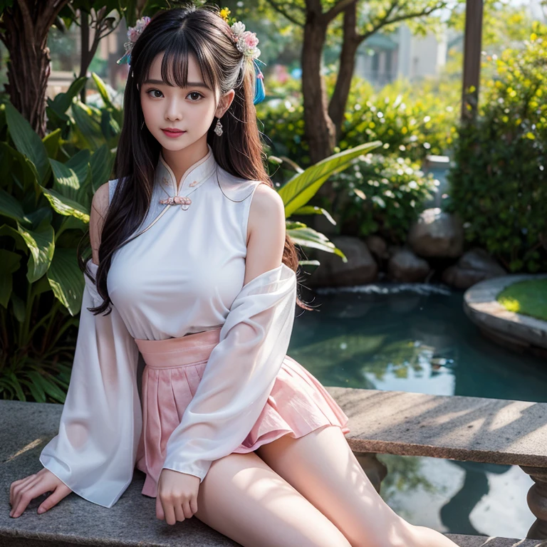 best quality, Delicate face,beautiful visual work, lifelike, eternity, black hair, Long curly hair, blunt bangs, Smile, Detailed Background, Delicate face,blush,cold,((masterpiece))、(top quality)、8k、high detail、Super detailed,21 years old female,身穿唐制Hanfu、waist skirt, Clothes are light and fluffy,Hanfu, wide sleeves, Transparent sleeves, Tunic, Clothes made of chiffon, masterpiece、born、Scenes resembling fairy tale illustrations、intricate details和複雜的設計、Beautifully、magic、capricious、 Beautifully、Dream aesthetics、「𝓡𝓸𝓶𝓪𝓷𝓽𝓲𝓬、ethereal、charming、fickle、magic」、realism、Visual effects、FXAA、SSAO、Shader、voiceless、ambient lighting、Tone mapping、High resolution、Ultra high quality、Million pixels、(8K resolution:1.10)、8k、8k以下、8K resolution、high detail、intricate details, (high quality:1.2、masterpiece:1.2、:1.21)、(21 years old female:1.21)、(興奮地Smile)、(被dream般的氛圍所包圍、Model diagram,full-body shot,Normal 2 feet,Put your hands behind you,The protrusion of the breast is visible when wearing clothes, Large Breasts, H cup chest, antiquity, Xian Xia, gauze clothes, Soft and fluttering, Fairy, dream, fantasy, light, Elegant, nature, Immortal, romantic, classical, ribbon,Chinese style, The background is Chinese architecture,Sitting,Hands between thighs and skirt,The hem is a tutu skirt, 有Fairy帶