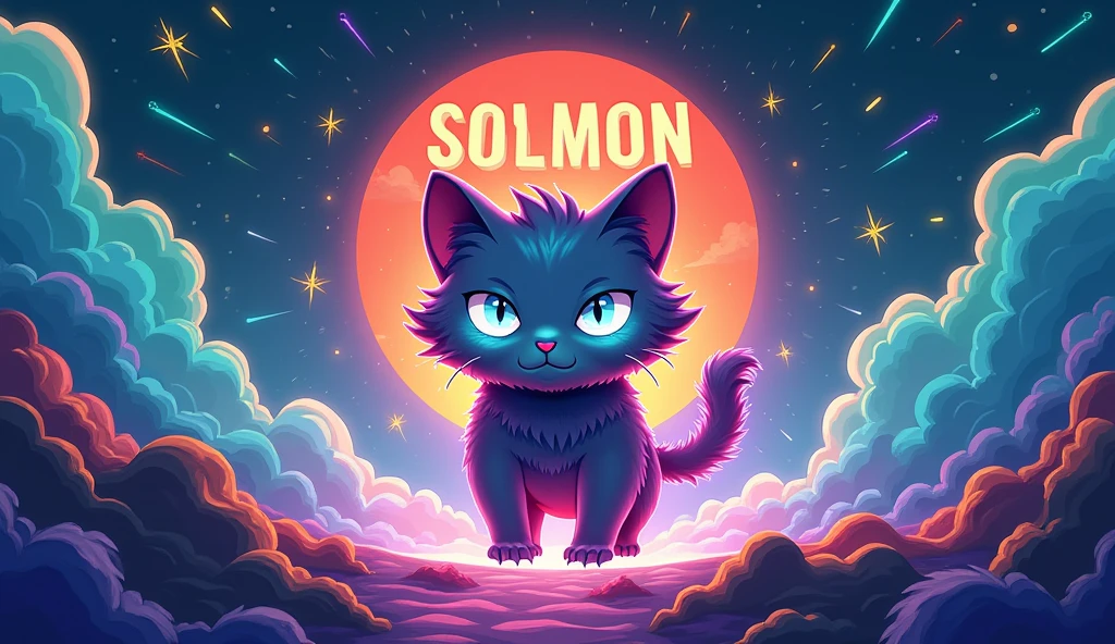Design a 16:9 Twitter cover banner for 'SOLMON - Solana Monsters' that seamlessly blends modern, playful aesthetics with the essence of elemental-themed creatures. The banner should feature a central circular logo emblem with a stylized cat monster creature, embodying the 'Solana' theme through a vibrant color palette of blues, greens, and purples with glowing accents. The cat creature should reflect an elemental type (e.g., fire, water, earth), capturing both power and cuteness in its design. The circular logo should be positioned prominently in the center of the banner, surrounded by subtle textures or gradients that evoke digital or cosmic elements. The text 'SOLMON' should be displayed boldly within the circular emblem, using rounded typography that is both friendly and adventurous. Extend the design outward from the central logo to include dynamic background elements like digital sparks, stars, waves, or abstract shapes that enhance the banner's otherworldly, magical atmosphere. The overall design should be clean, balanced, and visually striking, ensuring it stands out as a captivating and cohesive Twitter cover that aligns with the SOLMON branding.