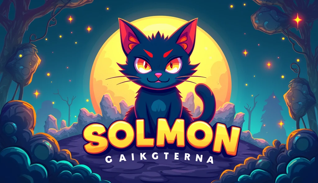 Design a 16:9 Twitter cover banner for 'SOLMON - Solana Monsters' that seamlessly blends modern, playful aesthetics with the essence of elemental-themed creatures. The banner should feature a central circular logo emblem with a stylized cat monster creature, embodying the 'Solana' theme through a vibrant color palette of blues, greens, and purples with glowing accents. The cat creature should reflect an elemental type (e.g., fire, water, earth), capturing both power and cuteness in its design. The circular logo should be positioned prominently in the center of the banner, surrounded by subtle textures or gradients that evoke digital or cosmic elements. The text 'SOLMON' should be displayed boldly within the circular emblem, using rounded typography that is both friendly and adventurous. Extend the design outward from the central logo to include dynamic background elements like digital sparks, stars, waves, or abstract shapes that enhance the banner's otherworldly, magical atmosphere. The overall design should be clean, balanced, and visually striking, ensuring it stands out as a captivating and cohesive Twitter cover that aligns with the SOLMON branding.
