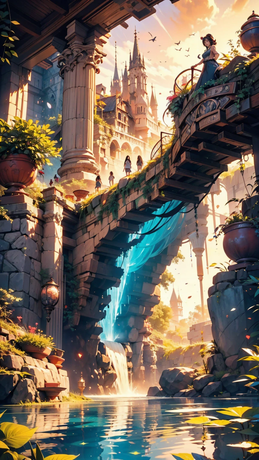 Photos that capture the essence of a magical dream world. A magnificent and legendary cliff jutting out over a beautiful lake, Surreal and vibrant colors illuminate the reflection.. The atmosphere is otherworldly, The soft evening light casts a fantastic shadow. This image exudes depth and mystery., It&#39;s as if the viewer is transported to another dimension., Create beautiful and memorable compositions. Shot with Canon EosIII Zeiss 120mm wide、24-year-old woman、Attractive Young Woman, (Beautiful Face:1.1), Detailed eyes, Seductive lips, (eye make up:1.2), (Medium chest:1.0), (Toned body:1.2), Sexy proportions、Narrow waist
