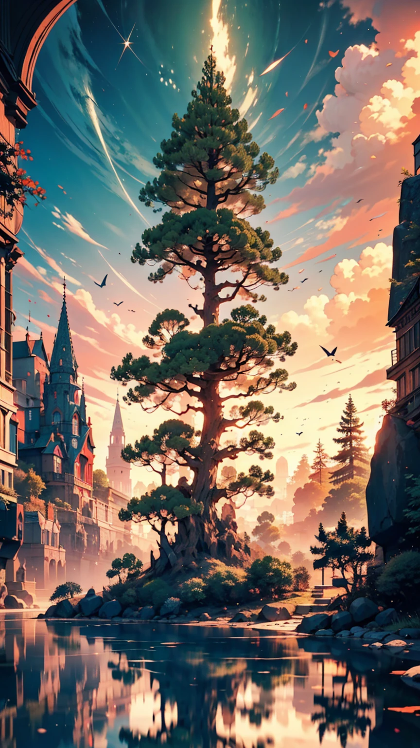 Photos that capture the essence of a magical dream world. A magnificent and legendary cliff jutting out over a beautiful lake, Surreal and vibrant colors illuminate the reflection.. The atmosphere is otherworldly, The soft evening light casts a fantastic shadow. This image exudes depth and mystery., It's as if the viewer is transported to another dimension., Create beautiful and memorable compositions. Shot with Canon EosIII Zeiss 120mm wide、24-year-old woman、Attractive Young Woman, (Beautiful Face:1.1), Detailed eyes, Seductive lips, (eye make up:1.2), (Medium chest:1.0), (Toned body:1.2), Sexy proportions、Narrow waist