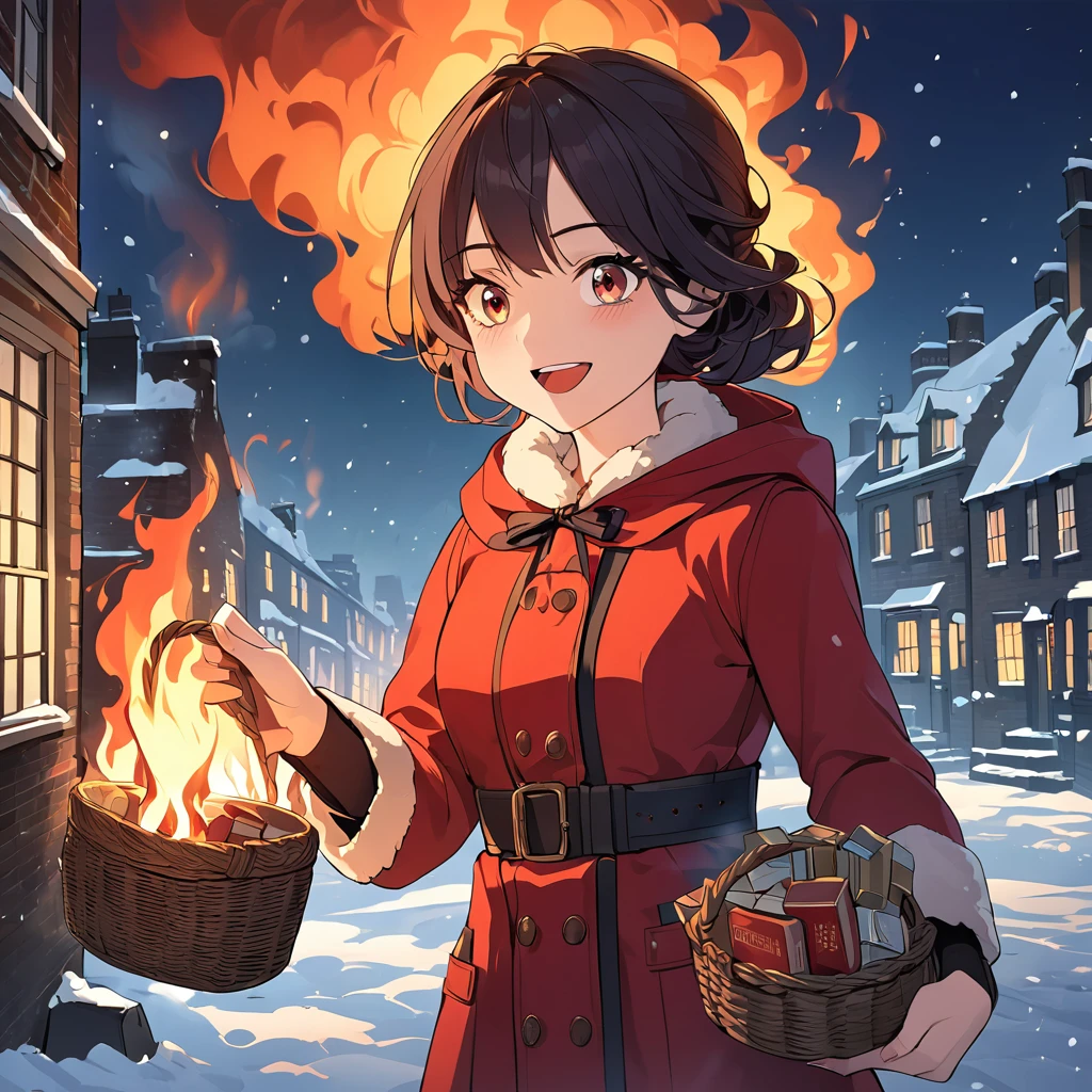 Boldly brushed anime style illustration, midwinter night, crazy fun, cinematic lighting, 19th century London, snowy night, burning house, one girl, front view, the  match girl laughing cruelly, she wears a red hooded coat and holds a basket of matchboxes under her arm.