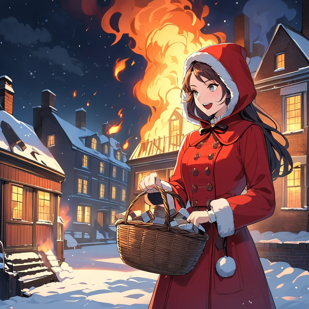 Boldly brushed anime style illustration, midwinter night, crazy fun, cinematic lighting, 19th century London, snowy night, burning house, one girl, front view, the little match girl laughing cruelly, she wears a red hooded coat and holds a basket of matchboxes under her arm.