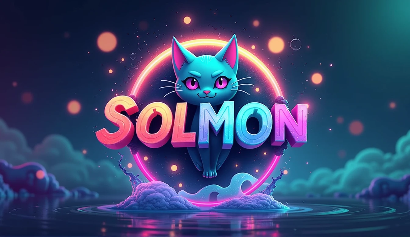 Design a 16:9 Twitter cover banner for 'SOLMON - Solana Monsters' that seamlessly blends modern, playful aesthetics with the essence of elemental-themed creatures. The banner should feature a central circular logo emblem with a stylized cat monster creature, embodying the 'Solana' theme through a vibrant color palette of blues, greens, and purples with glowing accents. The cat creature should reflect an elemental type (e.g., fire, water, earth), capturing both power and cuteness in its design. The circular logo should be positioned prominently in the center of the banner, surrounded by subtle textures or gradients that evoke digital or cosmic elements. The text 'SOLMON' should be displayed boldly within the circular emblem, using rounded typography that is both friendly and adventurous. Extend the design outward from the central logo to include dynamic background elements like digital sparks, stars, waves, or abstract shapes that enhance the banner's otherworldly, magical atmosphere. The overall design should be clean, balanced, and visually striking, ensuring it stands out as a captivating and cohesive Twitter cover that aligns with the SOLMON branding.