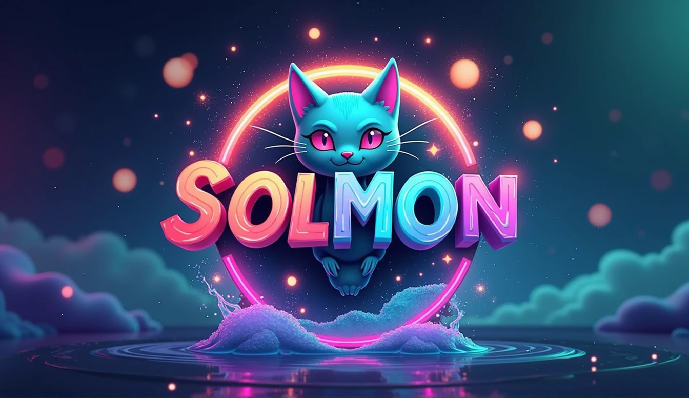 Design a 16:9 Twitter cover banner for 'SOLMON - Solana Monsters' that seamlessly blends modern, playful aesthetics with the essence of elemental-themed creatures. The banner should feature a central circular logo emblem with a stylized cat monster creature, embodying the 'Solana' theme through a vibrant color palette of blues, greens, and purples with glowing accents. The cat creature should reflect an elemental type (e.g., fire, water, earth), capturing both power and cuteness in its design. The circular logo should be positioned prominently in the center of the banner, surrounded by subtle textures or gradients that evoke digital or cosmic elements. The text 'SOLMON' should be displayed boldly within the circular emblem, using rounded typography that is both friendly and adventurous. Extend the design outward from the central logo to include dynamic background elements like digital sparks, stars, waves, or abstract shapes that enhance the banner's otherworldly, magical atmosphere. The overall design should be clean, balanced, and visually striking, ensuring it stands out as a captivating and cohesive Twitter cover that aligns with the SOLMON branding.