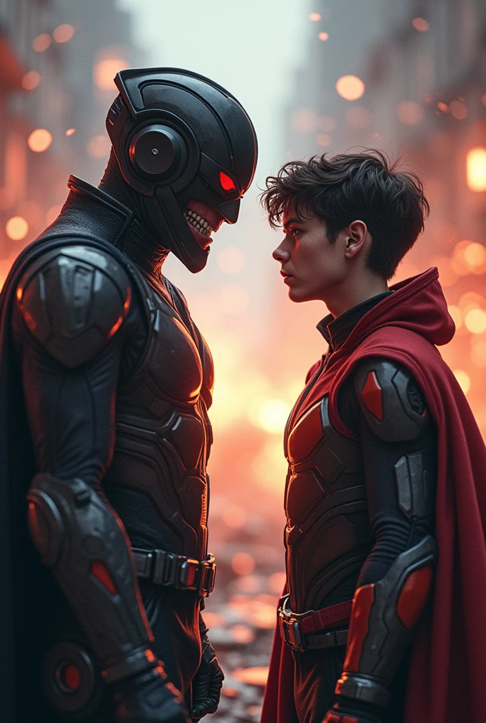 "A tense confrontation in the middle of a chaotic battle, with two age brothers facing each other one by the right wearing a futuristic suit and the other evil villain suit. The villain, with a twisression, reveals his deeper motives to the shocked hero. The background is filled with flashing lights and explosions, emphasizing the high stakes and emotional intensity of the scene."