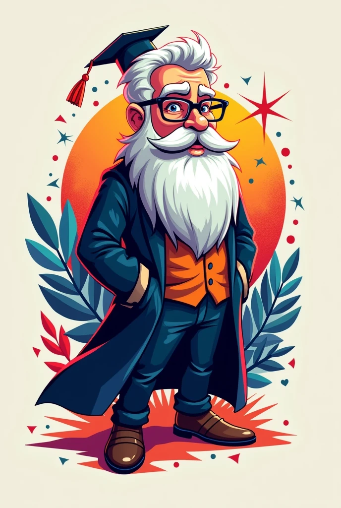 Create an image with the theme of visual identity, a creative logo with a mascot, a young and strong white-bearded teacher