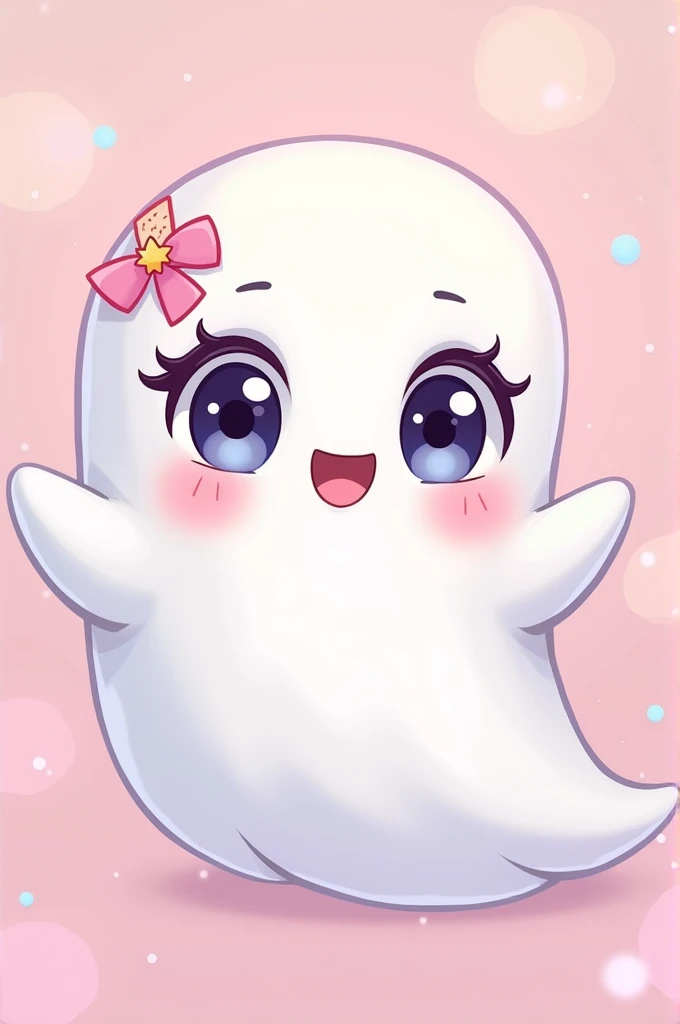 Style 2 of a kawaii ghost with cute eyes, long eyelashes and a pink band-aid on her head