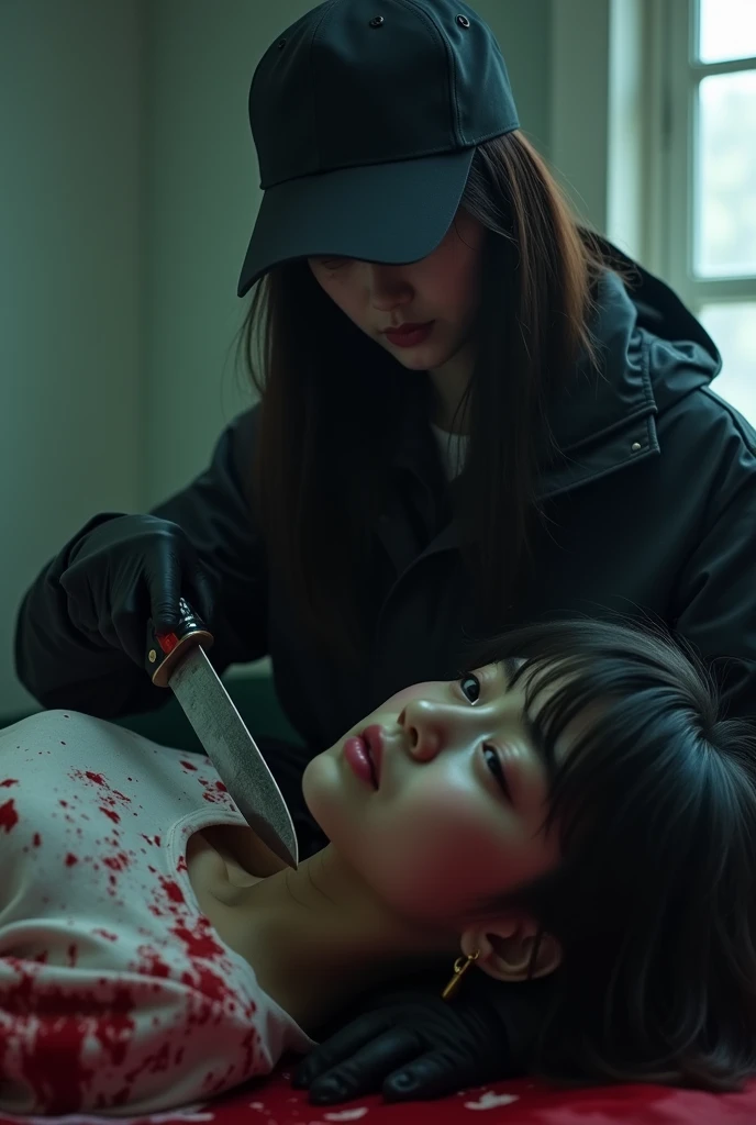 korean girl, (behind crying corpse, holding knife), black surgical mask, black gloves, room full of blood, black raincoat, trucker hat, holding knife, black gloves, woman on top, behind multiple corpse, blood splatter, on the bed, looking at viewer, mass murderer, killer, long bangs, blood splatter, dark atmosphere, cinematic lighting, atmospheric realistic, light from the window, close-up,