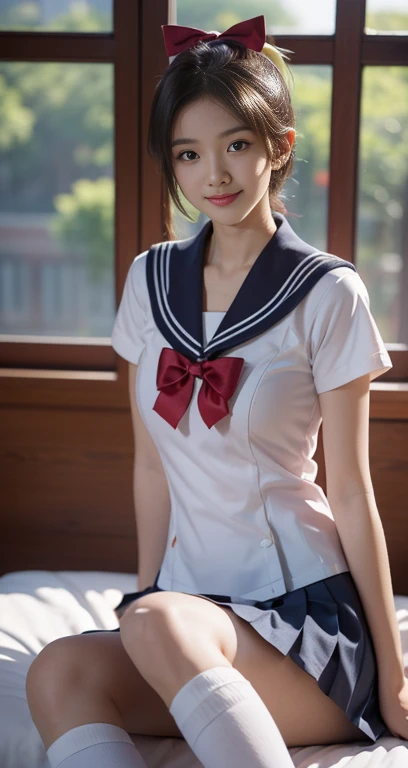 (A youthful gorgeous Japanese idol, wearing a wet Seifuku, Serafuku, school uniform, sailor moon, jk uniform, high-school uniform, pleated mini-skirt, red ribbon, red bowtie, sailor hat, knee-high socks, sitting in cozy bed, legs crossed, night time, 

Easygoing expressions, kind smile, dimpled cheek, cute snaggle-tooth, short bob hair ponytail, symmetrical face, realistic detailed face, beautiful eyes, beautiful detailed eyes, long legs, perfect body proportions, hourglass figure, ample round bosoms, medium breasts,

Raw photo, photorealistic, realistic portrait, hyper-realism, high contrast, ultra HD, realistic skin textures, top image quality, top-quality, super high resolution, fine details, very meticulously, masterpiece, vivid colours, waist focus, medium shot, close-up shot, cowboy shot, High Angle Shot, serene ambience, spot light, bokeh_night_background, SFW, Safe For Work)