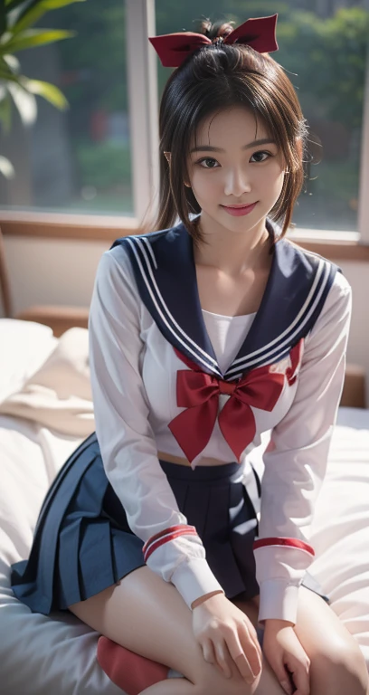 (A youthful gorgeous Japanese idol, wearing a wet Seifuku, Serafuku, school uniform, sailor moon, jk uniform, high-school uniform, pleated mini-skirt, red ribbon, red bowtie, sailor hat, knee-high socks, sitting in cozy bed, legs crossed, night time, 

Easygoing expressions, kind smile, dimpled cheek, cute snaggle-tooth, short bob hair ponytail, symmetrical face, realistic detailed face, beautiful eyes, beautiful detailed eyes, long legs, perfect body proportions, hourglass figure, ample round bosoms, medium breasts,

Raw photo, photorealistic, realistic portrait, hyper-realism, high contrast, ultra HD, realistic skin textures, top image quality, top-quality, super high resolution, fine details, very meticulously, masterpiece, vivid colours, waist focus, medium shot, close-up shot, cowboy shot, High Angle Shot, serene ambience, spot light, bokeh_night_background, SFW, Safe For Work)