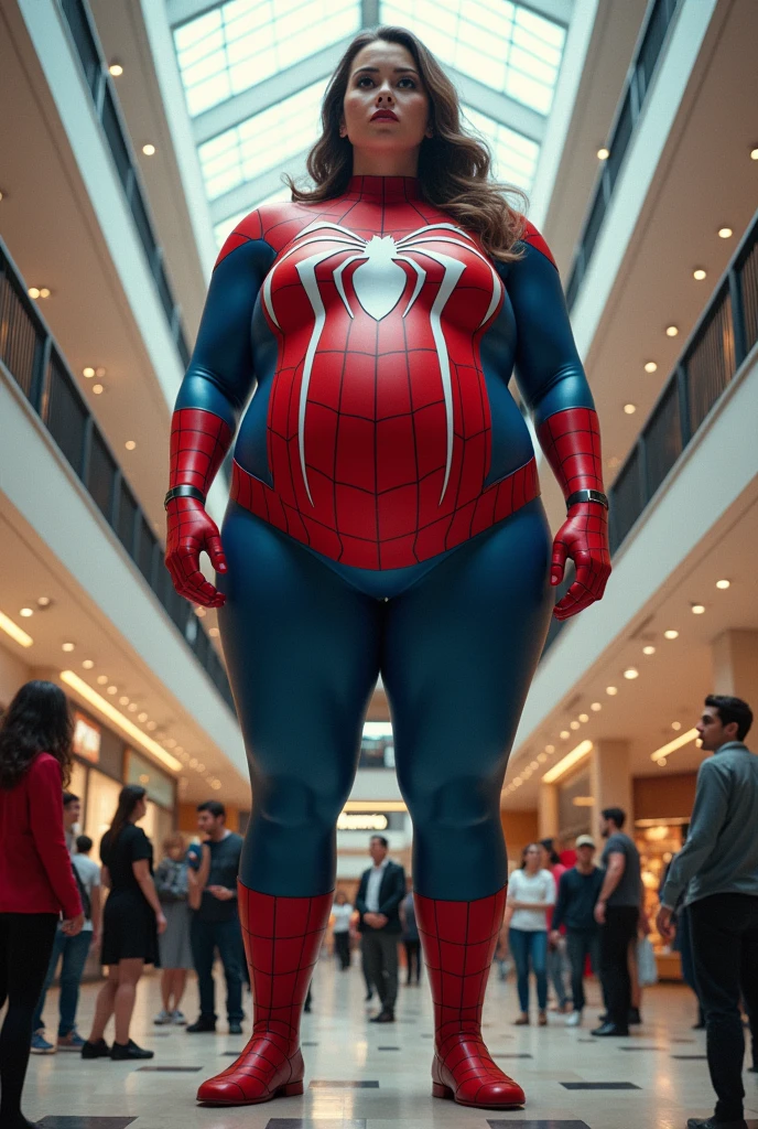 A very big Spider-Man girlfriend pregnant big belly is standing in a shopping mall and many people are crowding around him. People are very small compared to spiderman. Everyone is surprised to see that spiderman's body is very big.