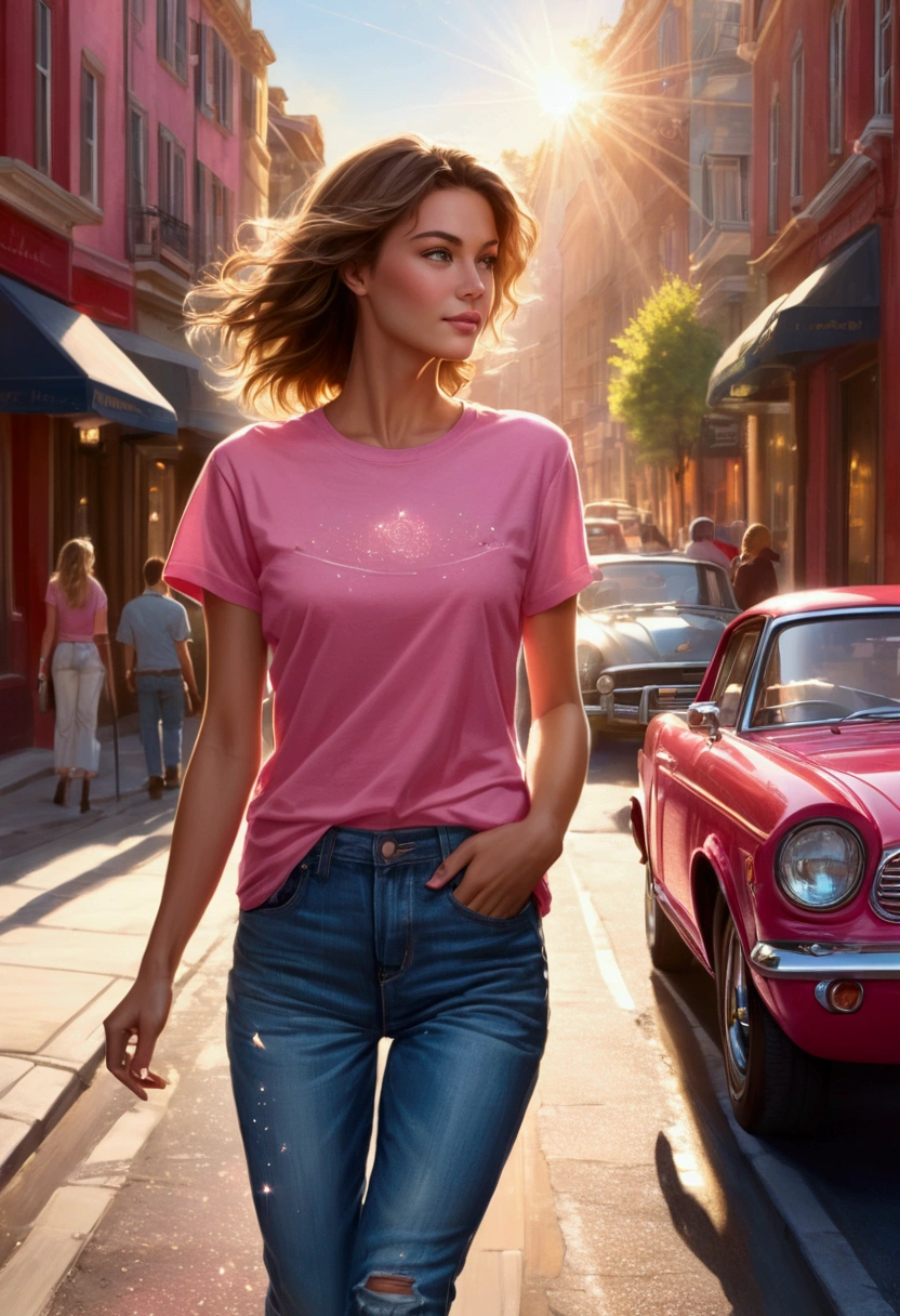 A stream of view of a beautiful woman walking down a street, your pink t-shirt and sunlit faded jeans, a red car passing in the background, and a world of sparkling light.