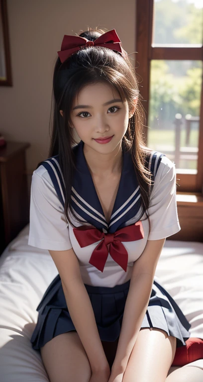 (A youthful gorgeous Japanese idol, wearing a wet Seifuku, Serafuku, school uniform, sailor moon, jk uniform, high-school uniform, pleated mini-skirt, red ribbon, red bowtie, sailor hat, knee-high socks, sitting in cozy bed, legs crossed, night time,
Easygoing expressions, kind smile, dimpled cheek, cute snaggle-tooth, short bob hair ponytail, symmetrical face, realistic detailed face, beautiful eyes, beautiful detailed eyes, long legs, perfect body proportions, hourglass figure, ample round bosoms, medium breasts,
Raw photo, photorealistic, realistic portrait, hyper-realism, high contrast, ultra HD, realistic skin textures, top image quality, top-quality, super high resolution, fine details, very meticulously, masterpiece, vivid colours, waist focus, medium shot, close-up shot, cowboy shot, High Angle Shot, serene ambience, spot light, bokeh_night_background, SFW, Safe For Work)