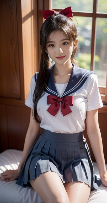 (A youthful gorgeous Japanese idol, wearing a wet Seifuku, Serafuku, school uniform, sailor moon, jk uniform, high-school uniform, pleated mini-skirt, red ribbon, red bowtie, sailor hat, knee-high socks, sitting in cozy bed, legs crossed, night time,
Easygoing expressions, kind smile, dimpled cheek, cute snaggle-tooth, short bob hair ponytail, symmetrical face, realistic detailed face, beautiful eyes, beautiful detailed eyes, long legs, perfect body proportions, hourglass figure, ample round bosoms, medium breasts,
Raw photo, photorealistic, realistic portrait, hyper-realism, high contrast, ultra HD, realistic skin textures, top image quality, top-quality, super high resolution, fine details, very meticulously, masterpiece, vivid colours, waist focus, medium shot, close-up shot, cowboy shot, High Angle Shot, serene ambience, spot light, bokeh_night_background, SFW, Safe For Work)