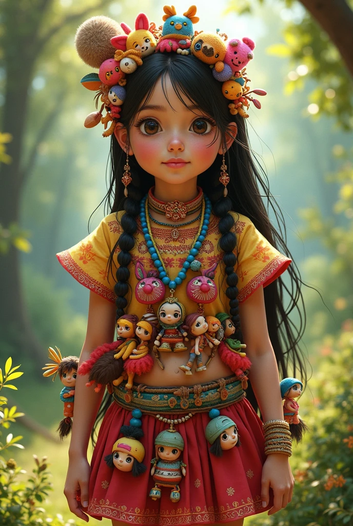 A costume-like outfit Made from folk toys Worn by a female child with indigenous features and long, dark hair 