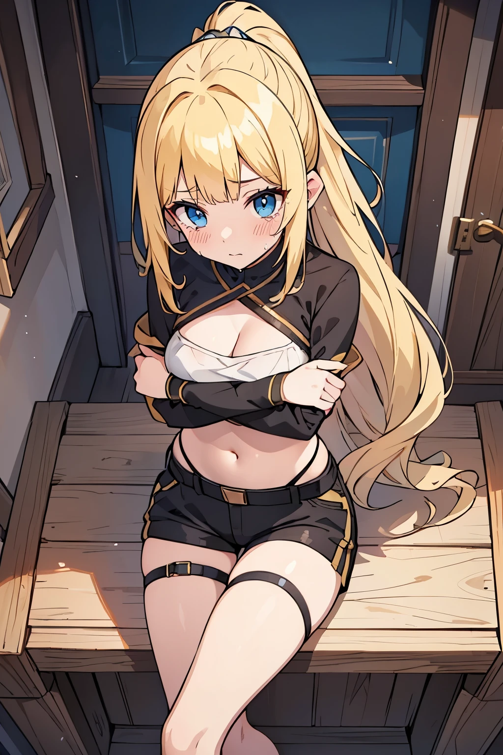 Young adult girl, best quality, 1 girl, female figure, yellow hair, blunt bangs, extra long hair, crystal blue eyes, golden blonde hair, cowboy shot, voluminous hair, wavy hair, cute girl, (medium small breasts), (young female body: 1.4), assassin, black assissin clothes, shirts, garter, tights, crossed arms, basement room, cellar, ponytail, black shorts, tight shorts, cropped top, sleveeless, waist band, exposed midriff, cleavage cutout, sitting crossed legs, crossed legs, embarrassed girl, looking from above, pressing legs together 