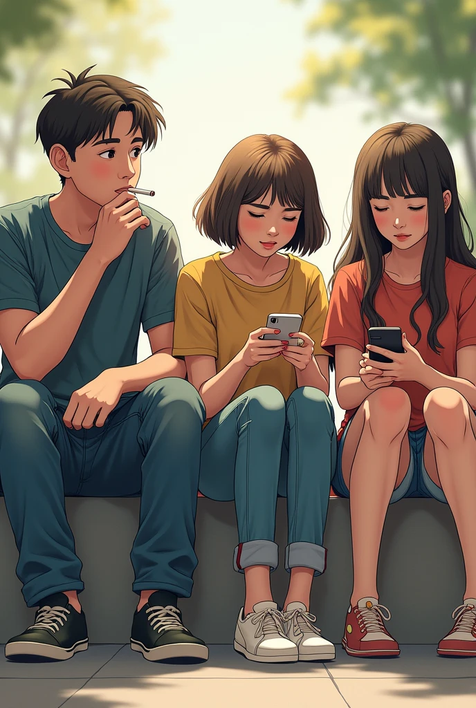 3 same age friends are sitting side by side talking, 1 boy is smoking, 1 girl is scrolling on her phone and 1 girl is sitting in mood off.