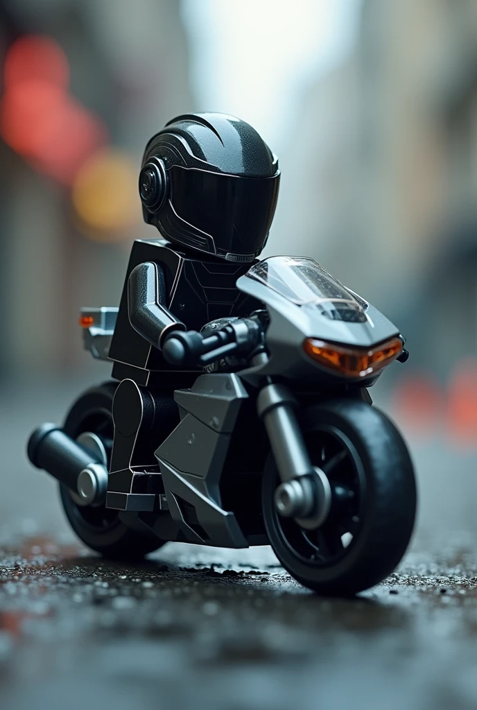 Lego figure with full helmet on a motorcycle on the ground on the left side