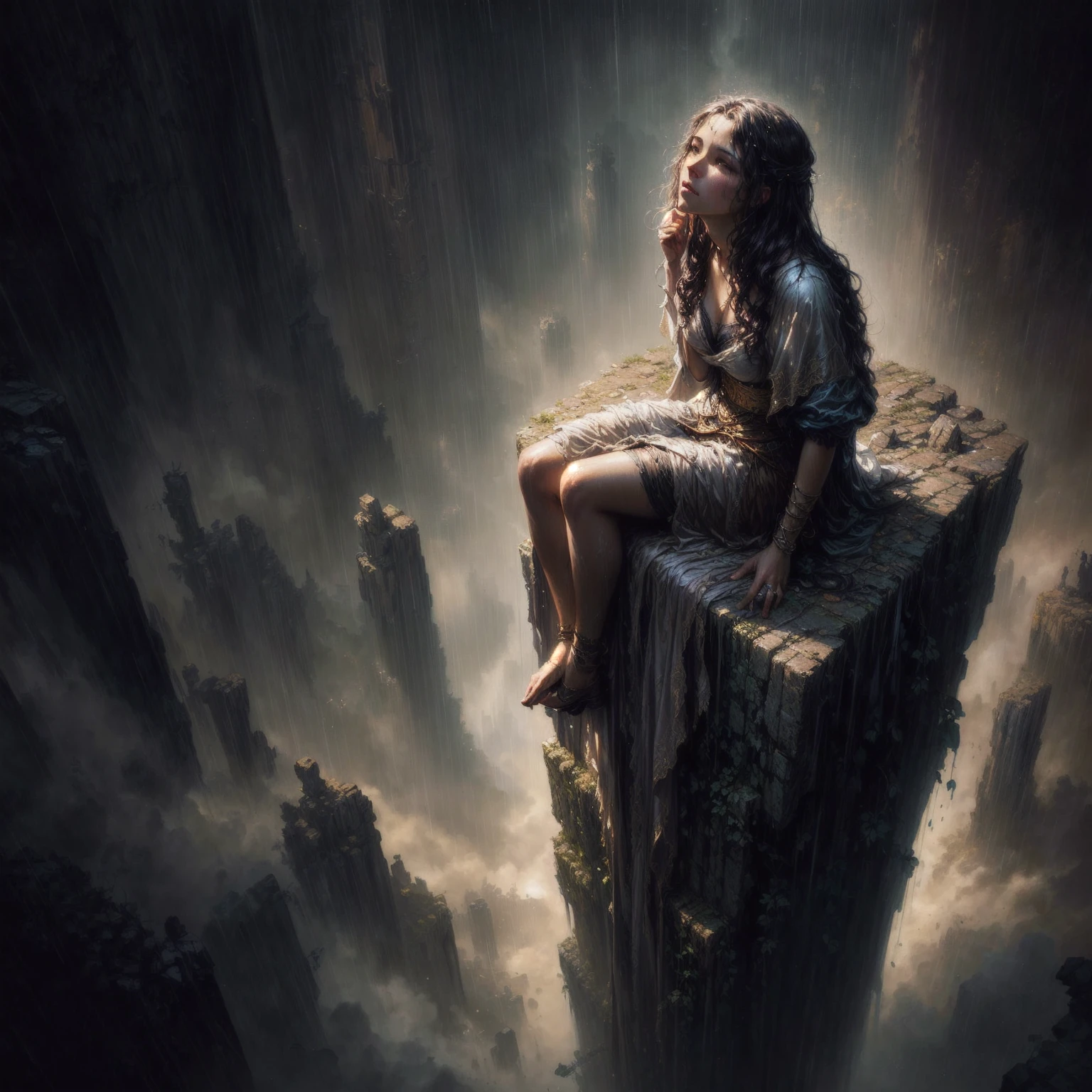 there is a woman sitting on a rock in the rain, emotional concept art, dramatic fantasy art, dramatic concept art, pino daeni and dan mumford, beksinski and dan mumford, tomasz alen kopera and cgsociety, realistic fantasy painting, wide angle fantasy art, jessica rossier and brian froud, epic surrealism 8k oil painting