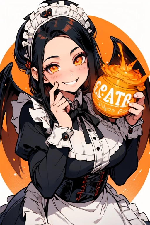 Perfect face Perfect hands. A black haired woman with orange eyes in a Lolita maid uniform is pouring0 .t01 in a fancy maid cafe with a big smile
