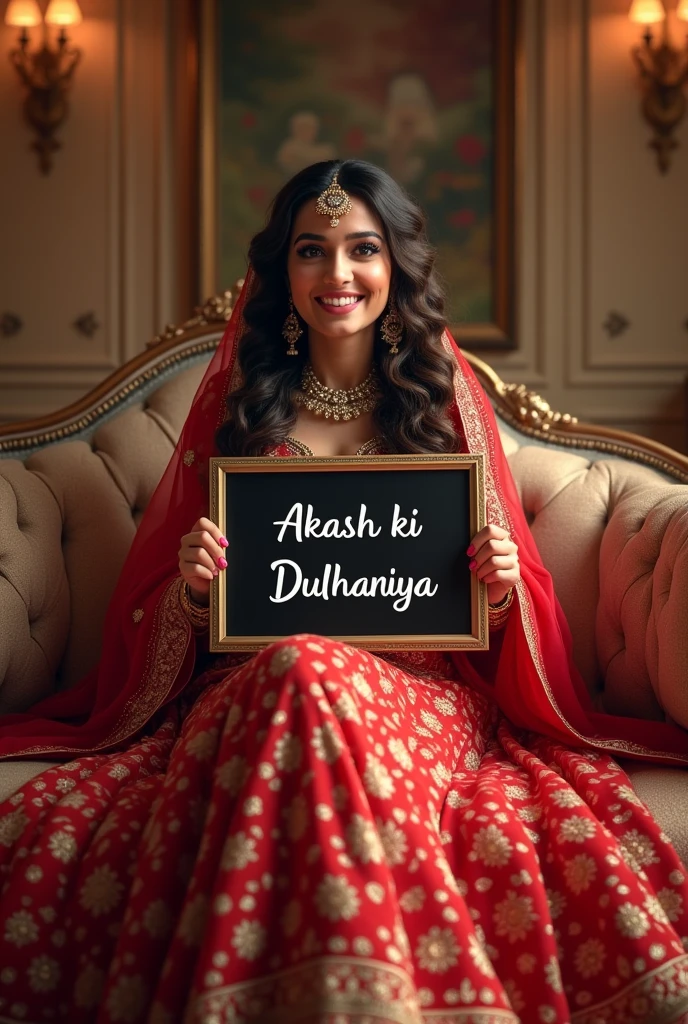(photorealism:1.2), beautiful bride sitting on bridal sofa, wearing red color lehenga, long curly hair, and hold a small black board on which written "Akash ki Dulhaniya" and showing to public