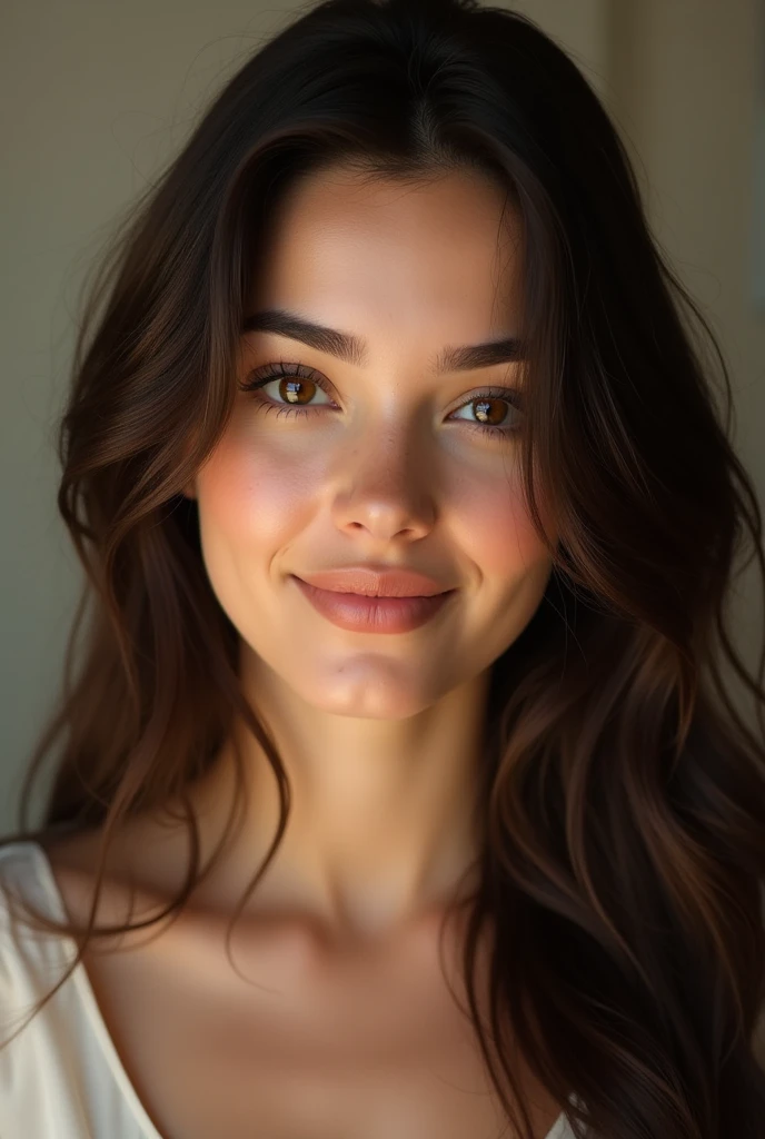 Pretty beautiful brunette , angle parfait, very detailed, visage affectueux, Brown eyes, high resolution, head of'artwork, best quality, intricate details, very detailed, sharpness, detailed skin, realistic skin texture, texture, detailed eyes, professionnel, 4K, ssmile, shot with Canon, 85mm,shallow depth of field, kodak vision color, eye shadow, extremely detailed, photo_\(ultra\), photorealistic, realistic, Post-traitement, maximum detail, roughness, real life, ultra realistic, photorealism, la photographie, 8k uh, la photographie,