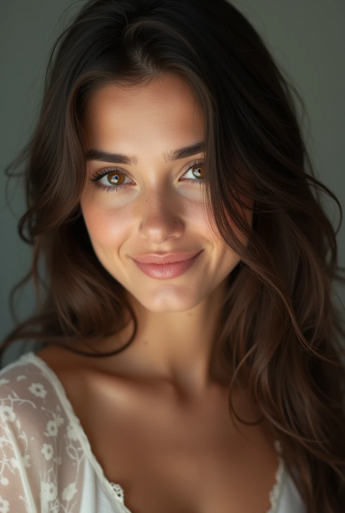 Pretty beautiful brunette , angle parfait, very detailed, visage affectueux, Brown eyes, high resolution, head of&#39;artwork, best quality, intricate details, very detailed, sharpness, detailed skin, realistic skin texture, texture, detailed eyes, professionnel, 4K, ssmile, shot with Canon, 85mm,shallow depth of field, kodak vision color, eye shadow, extremely detailed, photo_\(ultra\), photorealistic, realistic, Post-traitement, maximum detail, roughness, real life, ultra realistic, photorealism, la photographie, 8k uh, la photographie,
