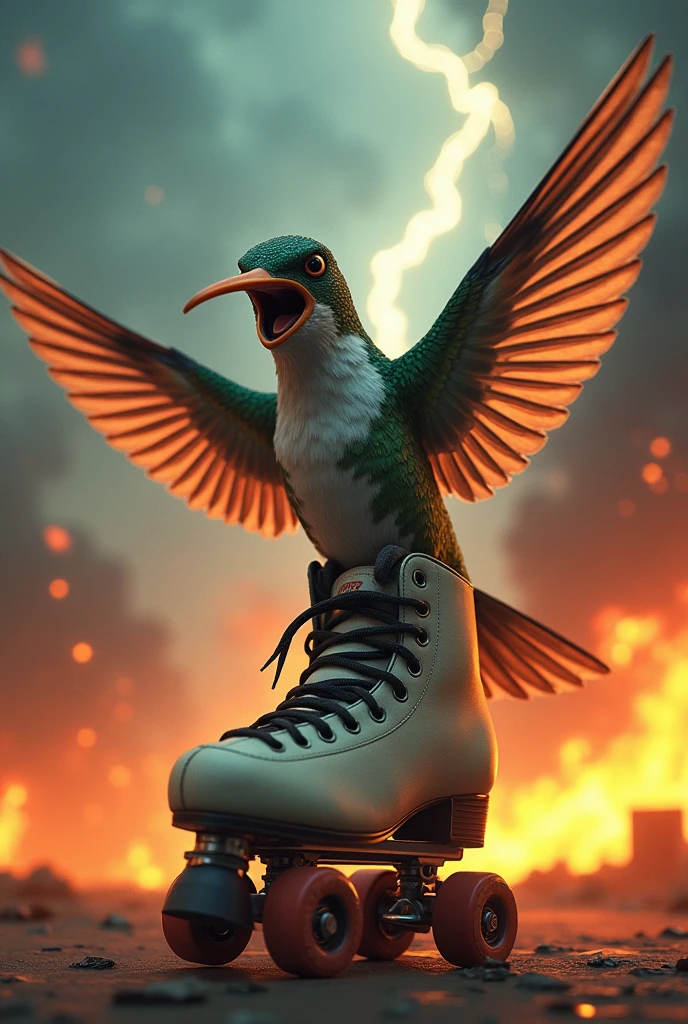 Angry hummingbird with open wings on a roller skate seen from behind with fire and thunder in the background