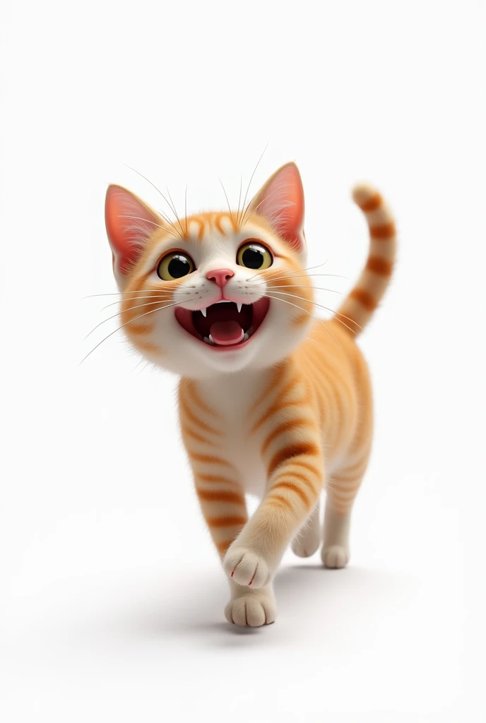 Full body real cat smiling and walking sideways with white background
