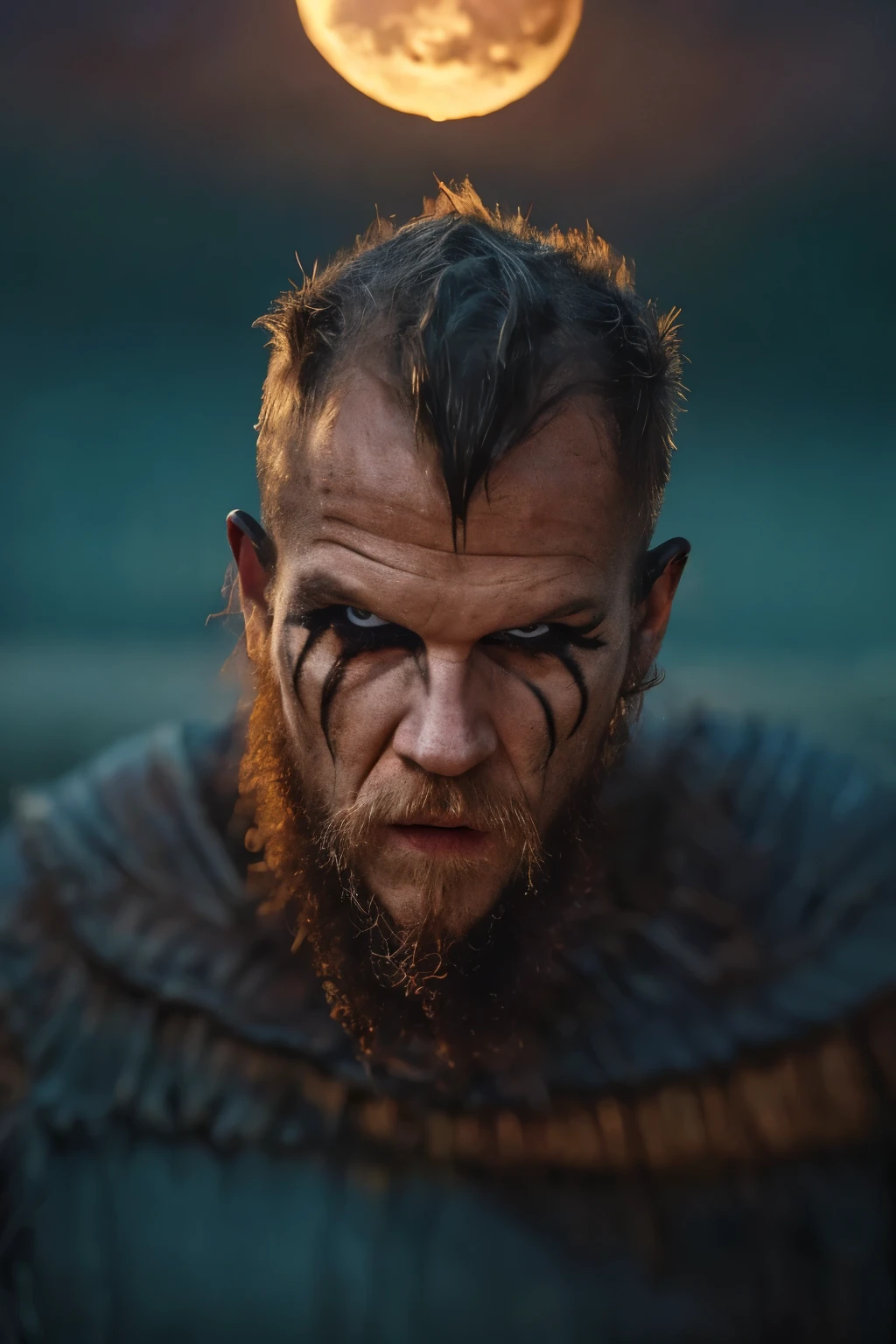 Hyper-realistic:1.4, half Body .cinematic artwork portrait of Floki from the Vikings series, detailed face:1.4, captured in a dynamic pose with the sensation of movement, as if he's emerging from shadows in a dense, misty forest. His intense gaze and intricate facial tattoos are emphasized, reflecting his eccentric and mystical nature. The scene is bathed in a cold, harsh light that contrasts with the dark, ominous surroundings, capturing the grim atmosphere of the Viking era. The image should convey a sense of depth, with a strong focus on three-dimensionality, highlighting Floki's enigmatic and chaotic personality, set against the backdrop of the Norse world. (((Cinematic Full moon background))).