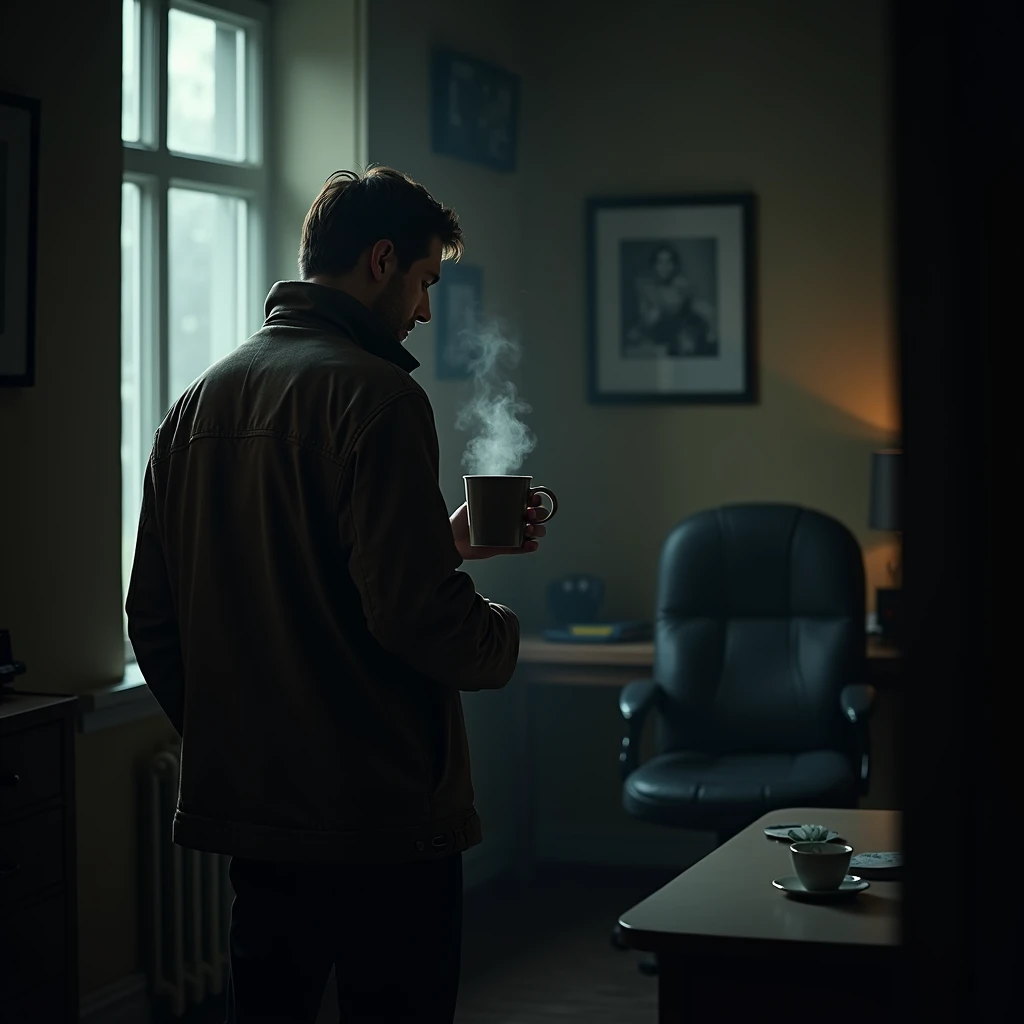 In a detective agency room,A man in a leather jacket stands by the window holding a mug, Turn your back to the lens, The table is behind the person