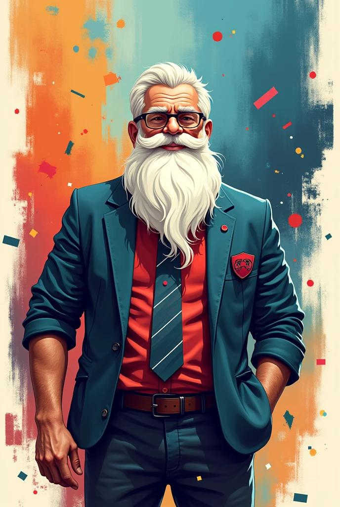 Create an image with the theme of visual identity, a logo using creative writing with a mascot, a young and strong white-bearded teacher