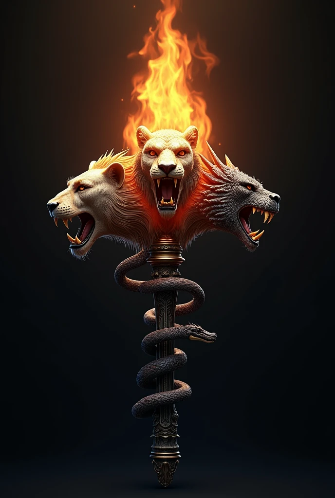 (photorealism:1.2), a torch, where instead of the flame there are 3 animal heads (leon, Dragon and snake), that does not have fire