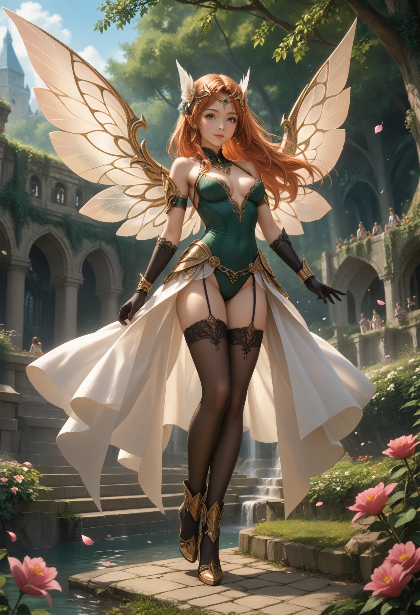 apollousa bow of the goddess, fairy wings, black elbow gloves, green dress, black boots, forehead jewel circlet, black thighhighs, against the background of the garden, sakura, Petals are flying, A little windy, mystical haze, bright colors, Juicy Colors, Light and Warm Atmosphere, fantasy, fantasies, pfstyle, Clear Drawing of the Deeds, High Quality of Development, clear detail, Beautiful composition, Everything at High Definition, masterpiece, 8k Image Processing, score_9, score_8_up, score_7_up, best quapoty, highres, absurdres, source_アニメ,pfstyle