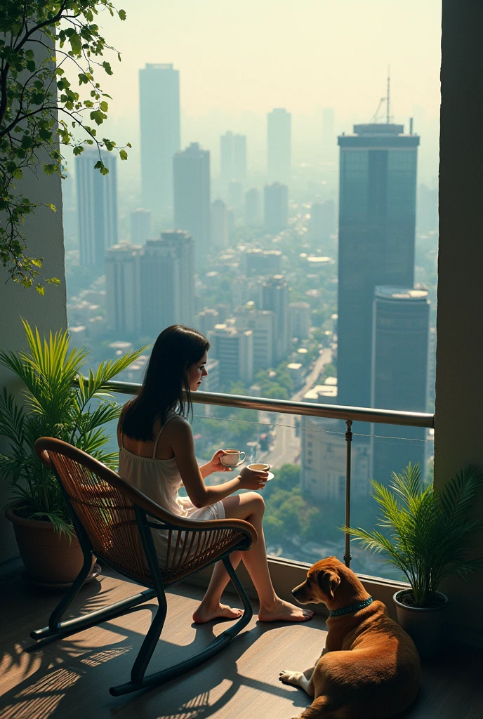 Large balcony with plants, Big city view from above, Peaceful atmosphere, A little dark young skinny brunette beautiful woman swinging in velular in the sky, Putting coffee on the table, Dog sitting on the ground enjoying the view,