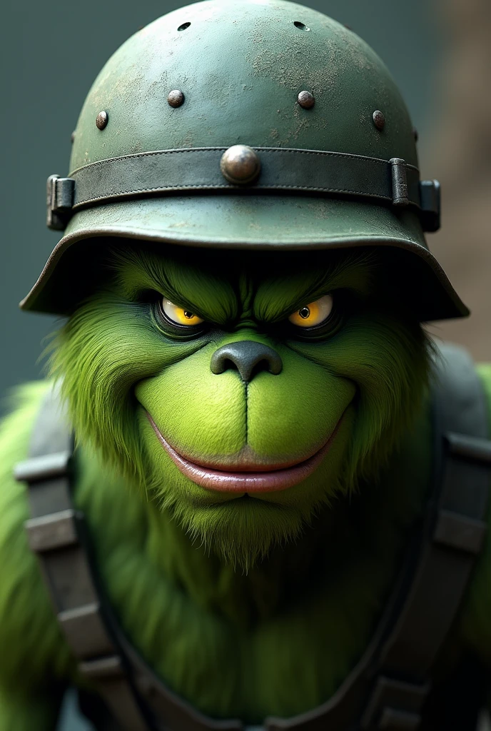 Grinch head with military helmet fast looking front and center