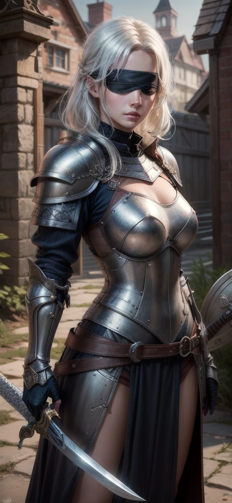 masterpiece, best quality, highres, 1girl, realistic, black blindfold, White hair, armor, heavy armor, large armor, medieval armor, Sword, sword in hand,  plate armor,